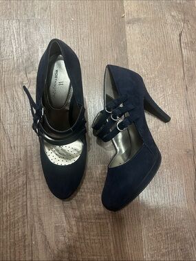 Worthington Navy Suede Triple-Strap Heels